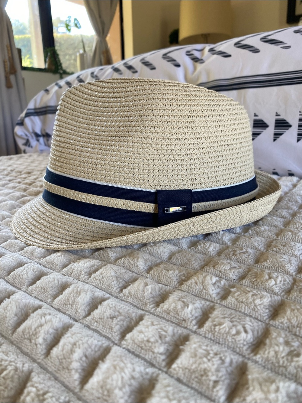 Men's Straw Fedora with Navy Ribbon